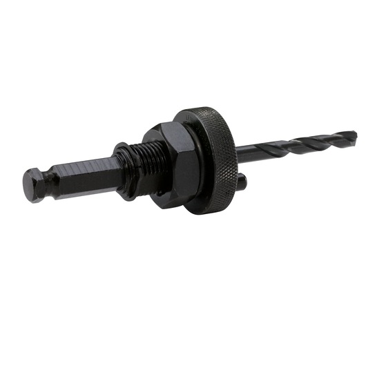 Photo of LENOX hole saw arbor with pilot drill bit, SKU 1779802, side angle on white background.