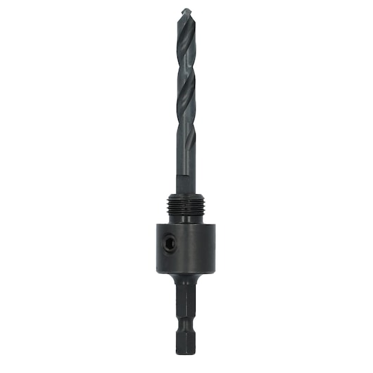 LENOX 1779803 black steel hole saw arbor with pilot drill, product photo on white background