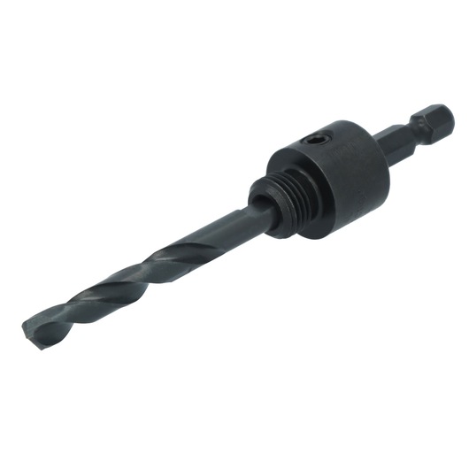 Photo of LENOX 1779803 black steel drill bit arbor with hex shank, angled on white background.