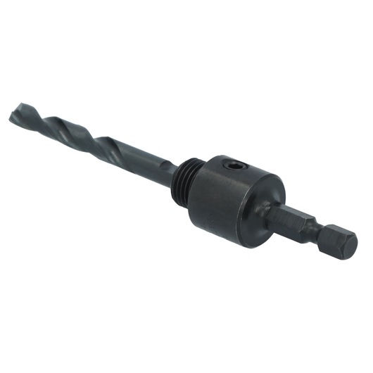 LENOX 1779803 hex shank hole saw arbor with pilot drill bit, black finish, angled on white background.