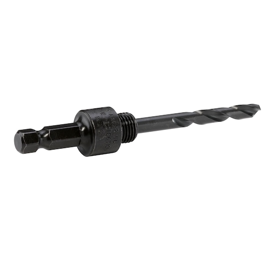 LENOX 1779804 black hole saw arbor with pilot drill bit, side angle on white background.