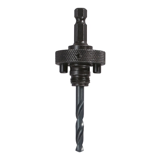 Photo of LENOX 1779805 hole saw arbor with pilot drill bit, black metal, front view on white background.