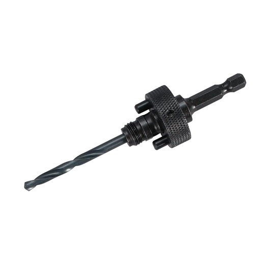 LENOX 1779805 hole saw arbor with pilot drill bit, side angle, black metal finish.