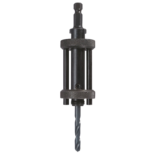 LENOX 1779806 black steel hole saw arbor with pilot drill bit, product photo on white background.