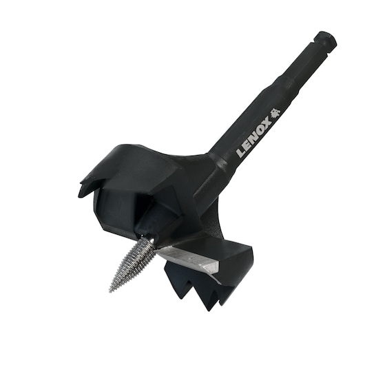 Photo of LENOX 1787502 black wood boring bit with sharp threaded tip, side angle on white background.