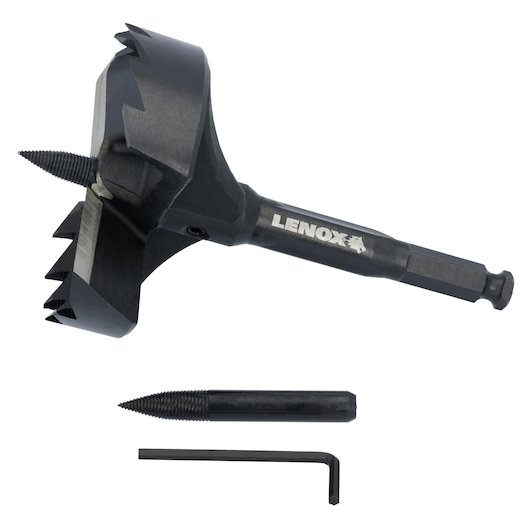 LENOX 1787503 wood boring bit set, black with main bit, replacement tip, and hex key, front angle view.