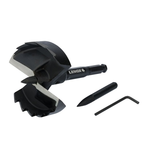 Photo of LENOX 1787503 black hole saw kit with arbor, pilot bit, and hex key, shown at front angle.