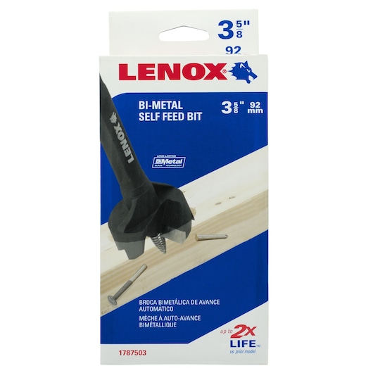 LENOX 1787503 bi-metal self feed bit packaging, blue and white box with product image and size 3 5/8 inch, front angle.