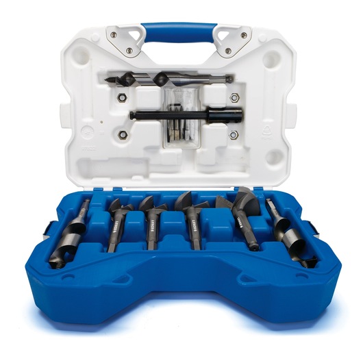 A blue and white hard plastic carrying case containing a set of assorted drill bits and accessories. The bits are organized and securely fitted into the case, which features a handle for easy transport.
