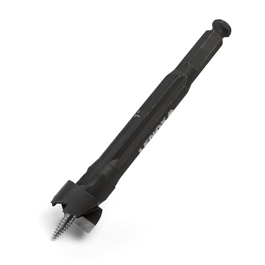 Photo of LENOX 1787511 black hex shank wood drill bit with screw tip on white background, angled view.