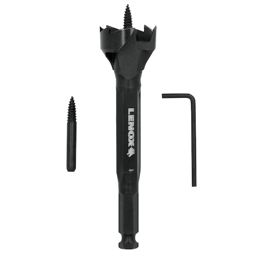 LENOX 1787515 wood boring bit set with main drill bit, replacement tip, and hex key on white background.