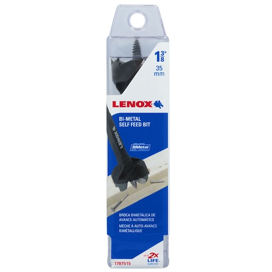 LENOX bi-metal self feed bit 1-3/8 inch 35 mm in retail packaging, SKU 1787515, front view on white background.