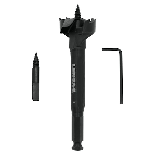 Three-piece set featuring a Lenox branded wood drill bit, a removable threaded tip, and a hex key, arranged against a white background.