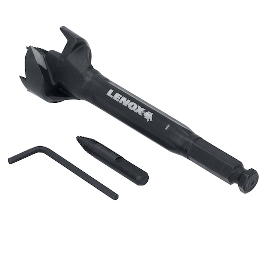A Lenox branded wood boring drill bit set including a large black metal drill bit with cutting edges, a smaller screw tip bit, and a hex key tool, all shown on a white background.