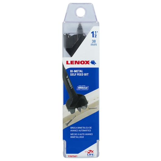 Photo of LENOX bi-metal self feed bit 1.5 inch, SKU 1787561, in retail packaging, front angle.