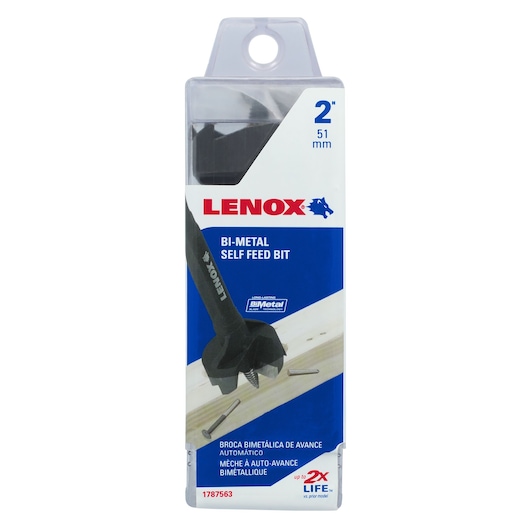 Photo of LENOX bi-metal self feed bit, 2 inch, in retail packaging, SKU 1787563, front angle on white background.