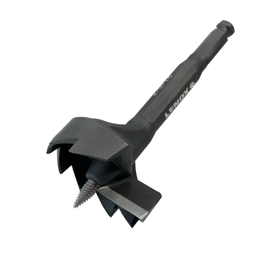 LENOX 1787566 black wood boring bit with sharp cutting edges, hex shank, side angle on white background.