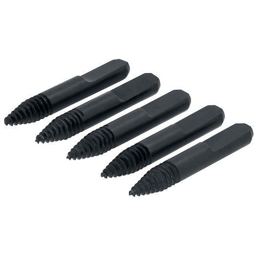 A set of four black metal screw extractors, arranged in a row on a white background.