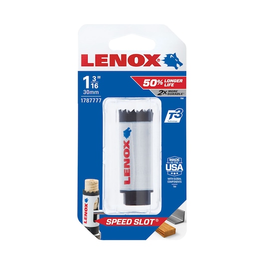 LENOX 1787777 hole saw 1-3/16 inch, silver body, black cutting edge, in retail packaging, front view.