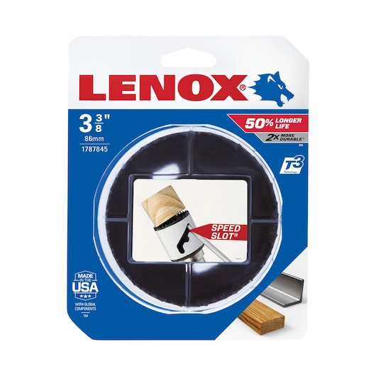 LENOX hole saw, SKU 1787845, 3-3/8 inch diameter, shown in retail packaging, front angle.