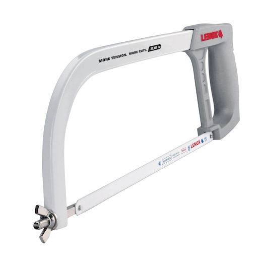 Photo of LENOX hacksaw with gray handle and frame, side angle, SKU 1805722, white background.