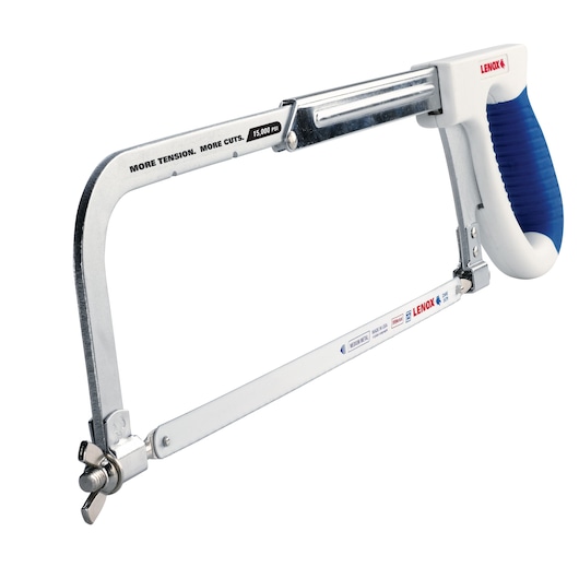 LENOX 1805723 hacksaw with white and blue ergonomic handle, side view on white background.