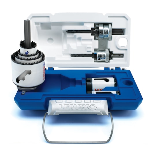LENOX 1815139 hole saw kit in blue hard case with assorted hole saws and accessories, top view.