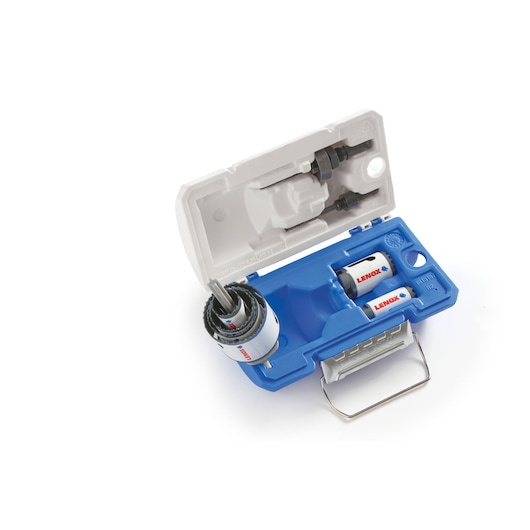 LENOX 1815139 hole saw kit with blue and white case, multiple saws and accessories, angled on white background.