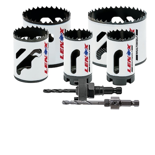 A set of Lenox branded hole saws and their drill arbor attachments, displayed standing upright. The hole saws are cylindrical with jagged cutting edges and feature the Lenox logo. Two drill arbors are shown in front of the hole saws.