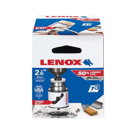 LENOX 2-7/32 inch hole saw in branded box, SKU 1816241, front view on white background.