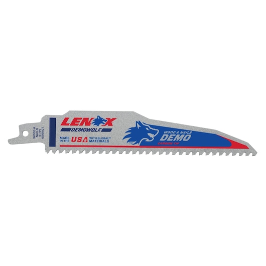 LENOX 1832118 reciprocating saw blade, DEMOWOLF series, silver with blue and red graphics, side angle.