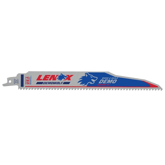 LENOX 1832143 DEMOWOLF reciprocating saw blade for wood and nails, side angle view, grey and blue color.