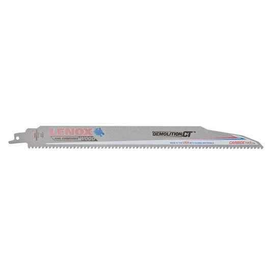 LENOX 1832146 demolition CT carbide-tipped reciprocating saw blade for nail embedded wood, side view, white background.