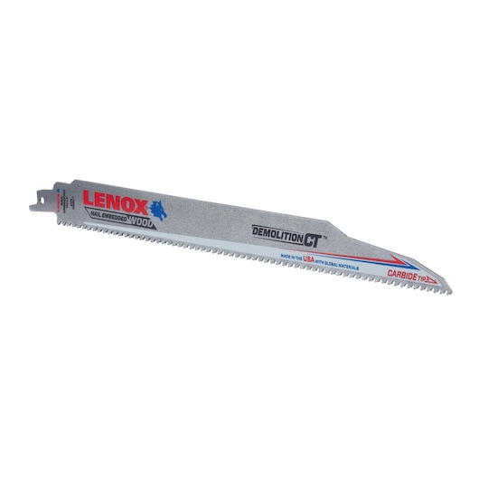 Photo of LENOX 1832146 demolition reciprocating saw blade with carbide tip, silver color, side view on white background.
