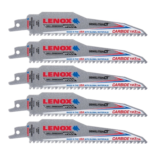 LENOX 1832162 carbide tip demolition wood reciprocating saw blade pack, side angle, silver and red design