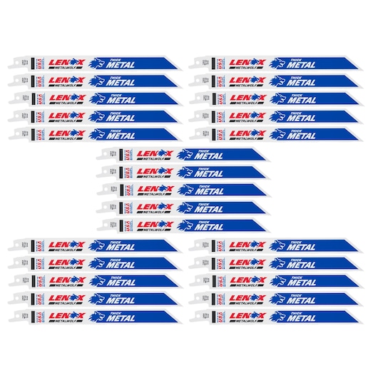 LENOX 1855567 set of blue and white reciprocating saw blades for thick metal, product photography, flat lay.
