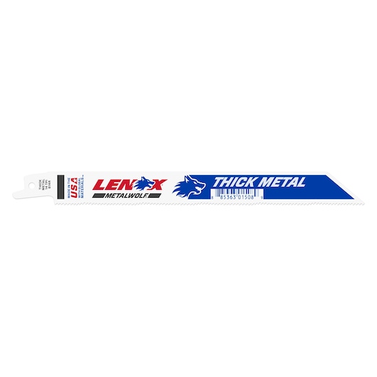 LENOX 1855570 reciprocating saw blade for thick metal, white and blue, left side angle on white background.