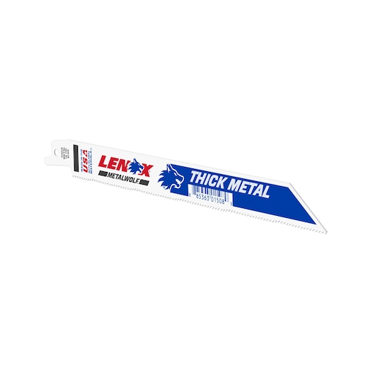 LENOX 1855570 reciprocating saw blade for thick metal, white with blue label, side angle on white background.