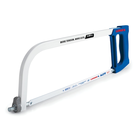 LENOX 1884466 hacksaw with white metal frame, blue ergonomic handle, side view on white background.
