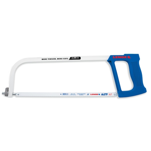 LENOX 1884466 hacksaw with white metal frame, blue ergonomic handle, and visible blade, side view.