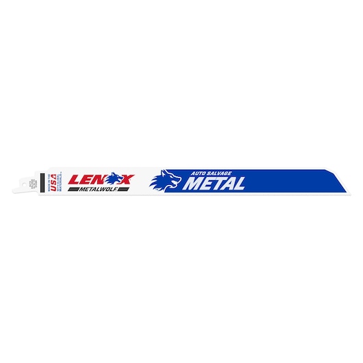 LENOX 1954463 reciprocating saw blade for metal, white with blue and red branding, straight angle, photography on white.