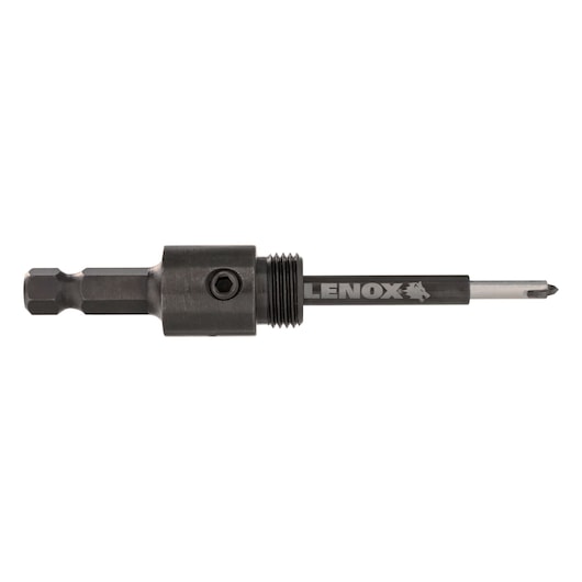 Photo of LENOX 1970538 dark gray hole saw arbor with hex shank and pilot drill bit, side view on white background.
