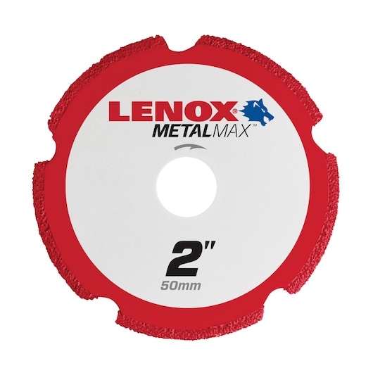 LENOX 1972917 METALMAX 2 inch cutting wheel, red and white, front view on white background.