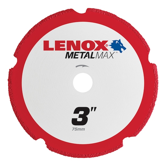 LENOX 1972918 3-inch METALMAX circular saw blade with red rim, front angle on white background.