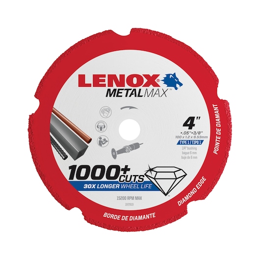 Photo of LENOX 1972919 4-inch MetalMax diamond edge cutting wheel, red and silver, front angle on white background.