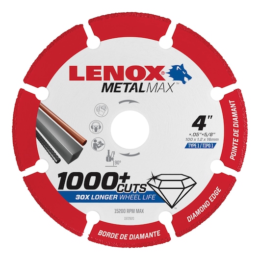 LENOX MetalMax 4 inch diamond edge cutting wheel, SKU 1972920, front angle on white background.