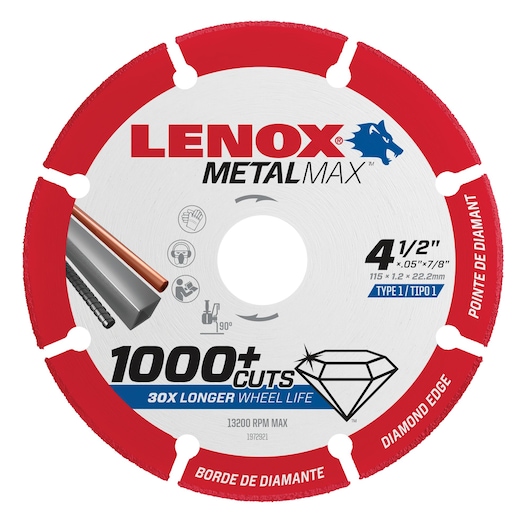 LENOX MetalMax diamond edge cutting wheel, 4.5 inch size, SKU 1972921, front angle on white background.