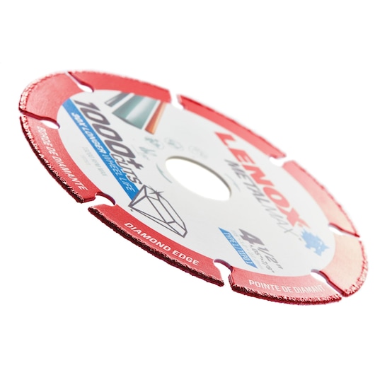 LENOX 1972921 diamond edge circular saw blade with red rim, angled on white background.