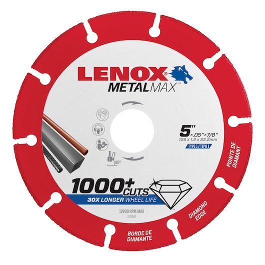 LENOX 1972922 diamond edge cutting wheel, 5 inch, red and white, front angle, METALMAX branding.