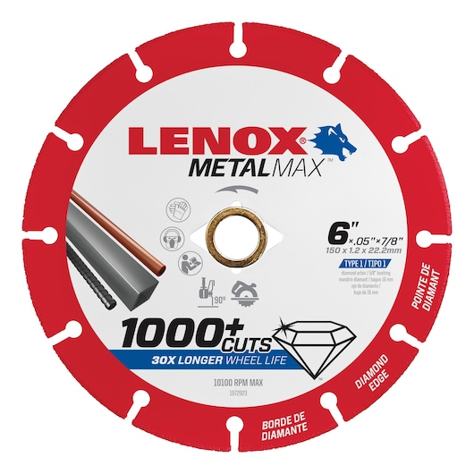 LENOX 1972923 diamond edge metal cutting wheel, 6 inch diameter, 1000+ cuts, red and white, front angle.